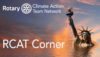 A statue of liberty in the middle of water with a climate action team logo.