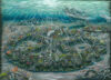 A painting of the ocean with a circle of fish.